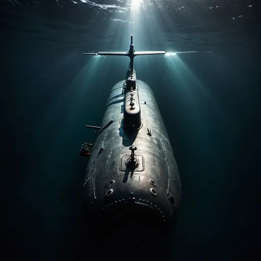 Prompt: an military submarine in deep, dark water