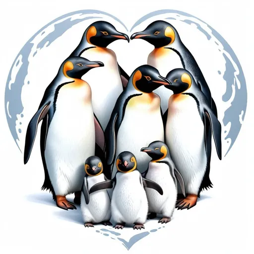 Prompt: Design me a tattoo of a family of penguins 2 parents and 4 children that the parents make like a heart with the body and the children are one between the legs of the parents and one on the back and so these