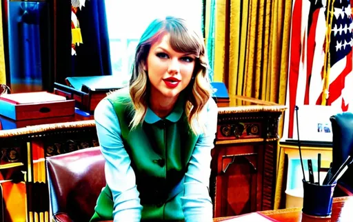 Prompt: President Taylor Swift in a suit sitting behind the desk in the oval office