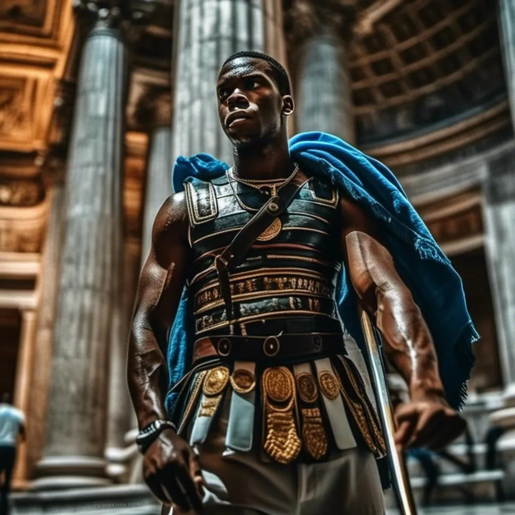 Prompt: <mymodel> RTX on, RAYTRACING ON, perfectly lit, the subject is in the distance in a photo taken inside the Roman Pantheon, intricately rendered face, summer adventure, taken on a Kodak Easyshare, epic high quality, film grain, depth of field, ((perfect posture)), (((SYMMETRICAL)))
 hyper realistic, ethereal Greek god, blue ombre hair, fair freckled skin, gorgeous face, gorgeous bronze archer armor,  rustic jewelry and tiara, full body, ambient glow, archery warrior, detailed, elegant, ethereal, mythical, Greek, god, surreal lighting, majestic, goddlike aura