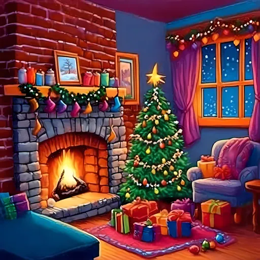 Prompt: <mymodel> in a cartoon illustration of a magical Christmas at home, vibrant and whimsical colors, a roaring fire in the fireplace, stockings hanging from the mantle, a large christmas tree takes up a corner of the room with lots of brightly colored ornaments, high quality, vibrant colors, cartoon style, magical atmosphere, whimsical details, sparkling lighting