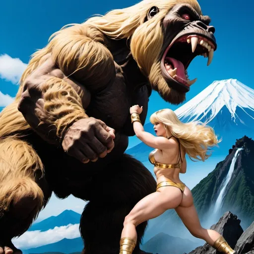 Prompt: Comic Mount Fuji Blonde Valkyrie vs. Kong