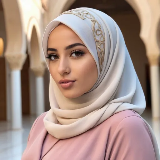 Prompt: "A stunning young Tunisian influencer, she captivates her audience with her radiant beauty and charismatic presence. Her hijab is not just a symbol of her faith but also a part of her unique style, which she showcases with elegance and grace.