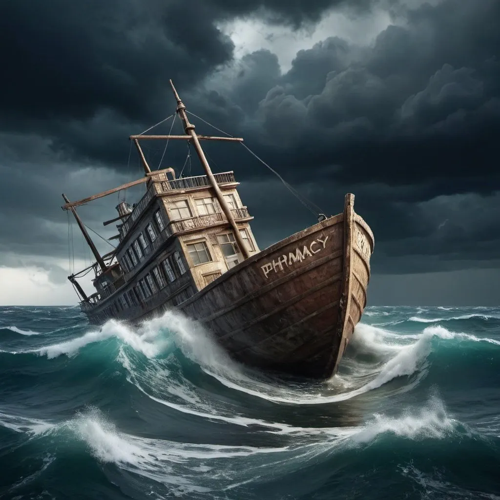 Prompt: a sunk boat pharmacy in a stormy ocean