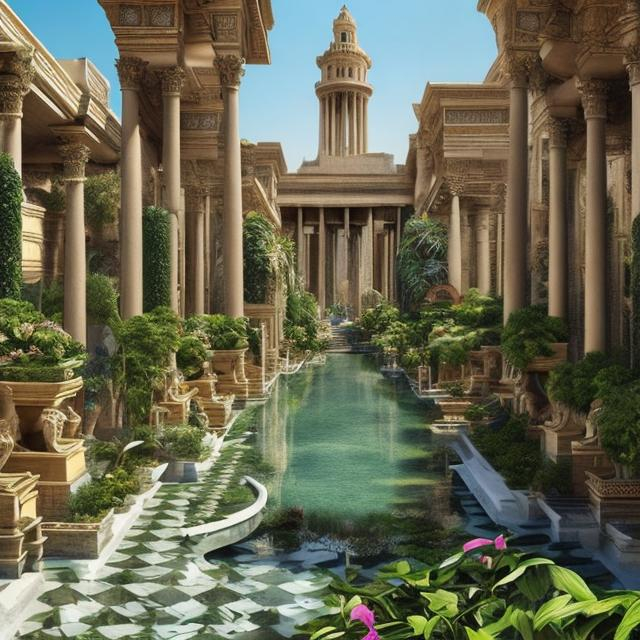 Prompt: utopia, hanging gardens of babylon, architecture, flowers everywhere, plants, clear sky, water fountains, statues, marble, incredibly intricate