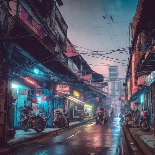 Prompt: George Town, Penang reimagined as a cyberpunk, futuristic city.