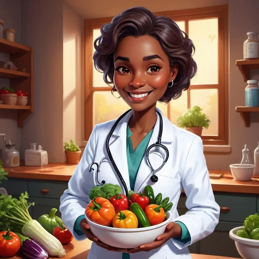 Prompt: Animated illustration of a friendly and approachable dark 
lady doctor, Lina, wearing a white coat and stethoscope. She is smiling warmly, holding a bowl of vegetables in her hands
