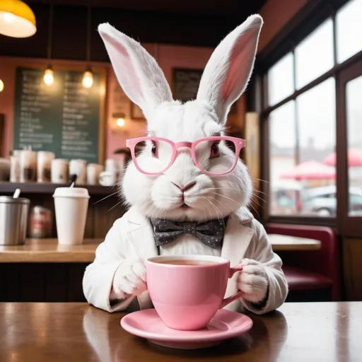 Prompt: A white rabbit wearing baby pink glasses drinking steaming tea in a coffee shop