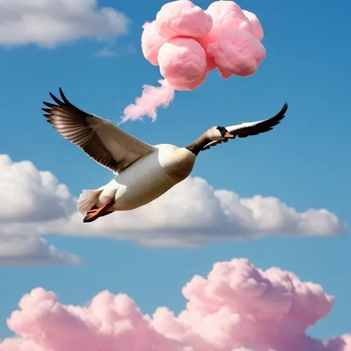 Prompt: A goose flying in a blue sky with cotton candy clouds