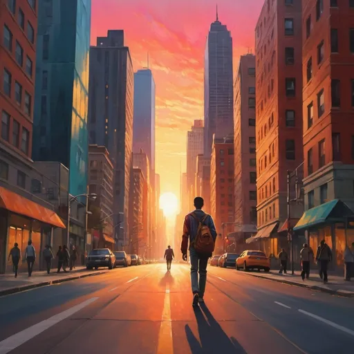 Prompt: A determined person walking forward in a bustling city street, tall buildings around, sunset in the background, vibrant colors, detailed, realistic style.