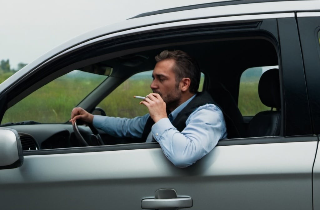 Prompt: man driving while holding a cigarette outside of the window of the car
