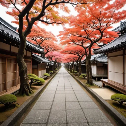 Prompt: Beautiful image of Japanese sidewalk with trees