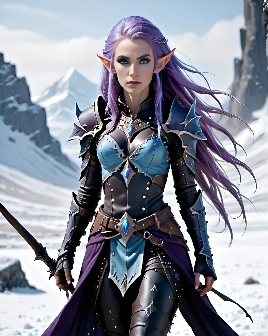 Prompt: A female eladrin elf stands on a snowy plain with a forbidding mountain behind her, she has long flowing purple hair, ice blue eyes and a regal and ethereal beauty, she wears black studded leather armour and is wielding dual scimitars