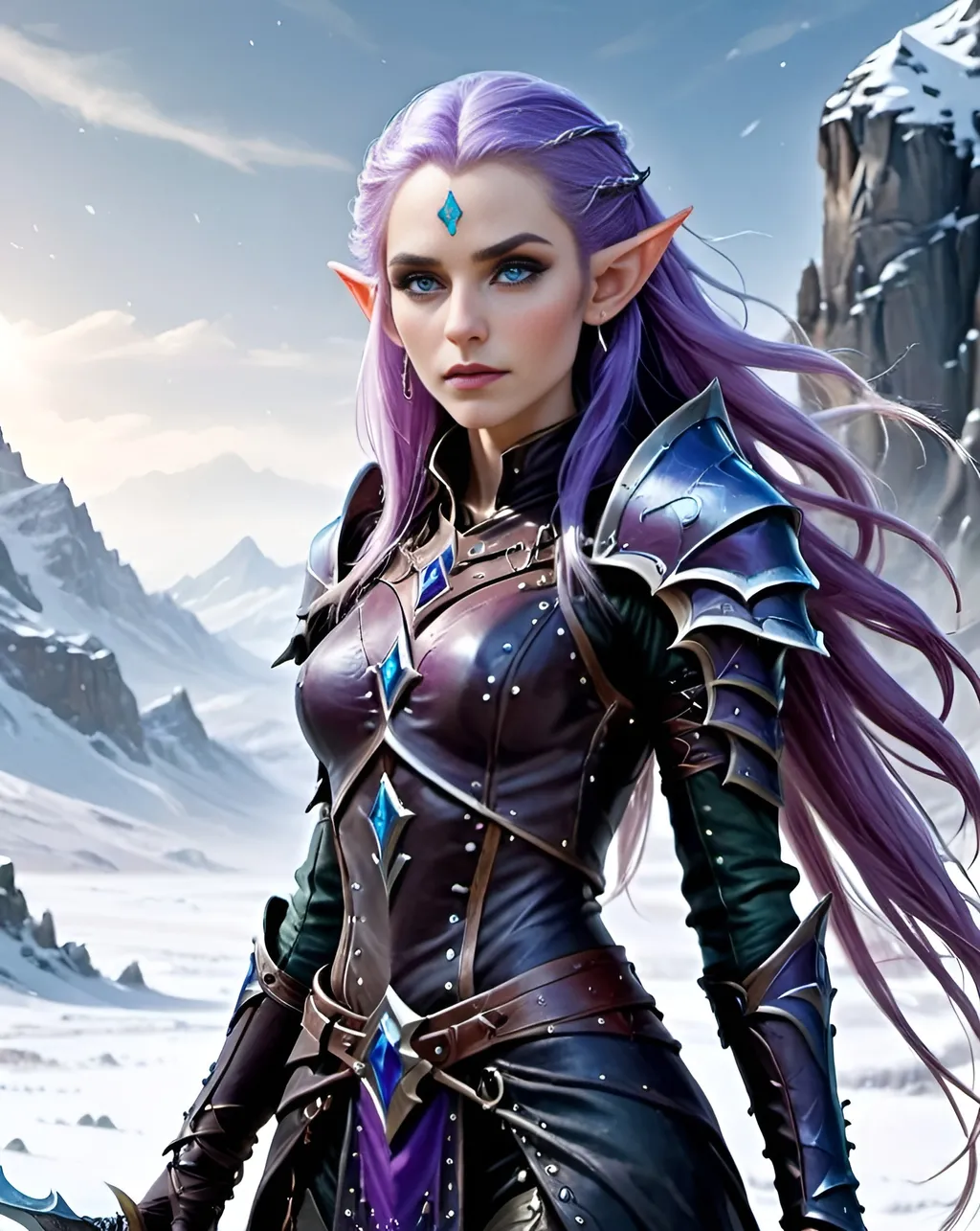 Prompt: A female eladrin elf stands on a snowy plain with a forbidding mountain behind her, she has long flowing purple hair, ice blue eyes and a regal and ethereal beauty, she wears black studded leather armour and is wielding dual scimitars