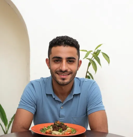 Prompt: a man sitting at a table with a plate of food in front of him and a plant in the background, Fathi Hassan, hurufiyya, handsome, a picture