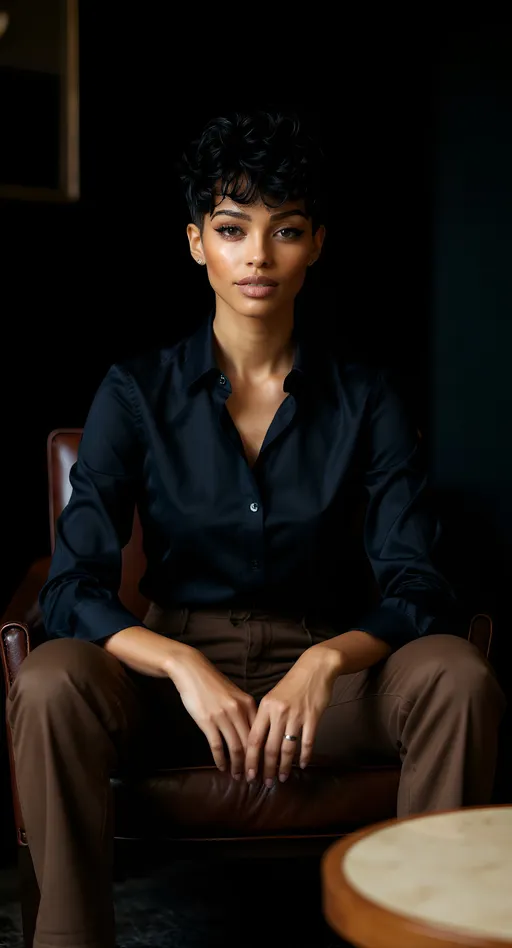 Prompt: This woman with short hair is sitting on a modern design chair, her elbows on her knees. A lot of details on the modern moody design luxurus living room surrounding her. She is charismatic and condident. Smile and a boyish attitude, while maintening the same facial features, the same face, the same hairstyle and haircut and the same attitude. Change her outfit to a dark blue shirt with a brown wild legs pants . Natural day light. realistic and natural