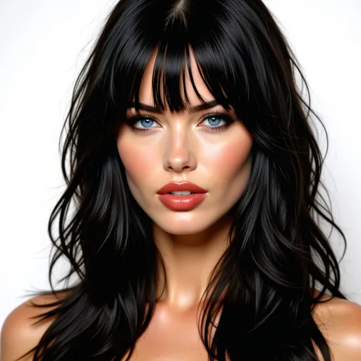 Prompt:  wavy hair  with fringe bangs layers around face, white background shoulder length straight hair, view full shoulder view, front view chin raised far up, head back and turned to right side red lips thick smokey eyeliner drawn out