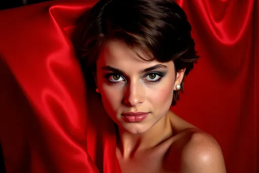Prompt: short dark hair ears cut out swept to the side ,hair slicked back smokey black eyeliner, black mascara, black smokey eyeshadow, red satin background close up of face