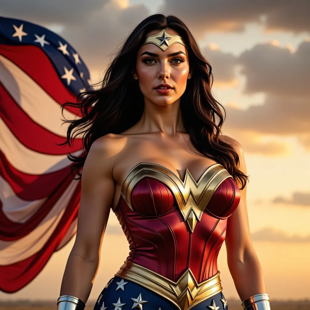 Prompt: she has long straight hair, she is wearing a 1970's wonder woman costume, an gold eagle on the front a large American flag behind her the wing has opened the flag