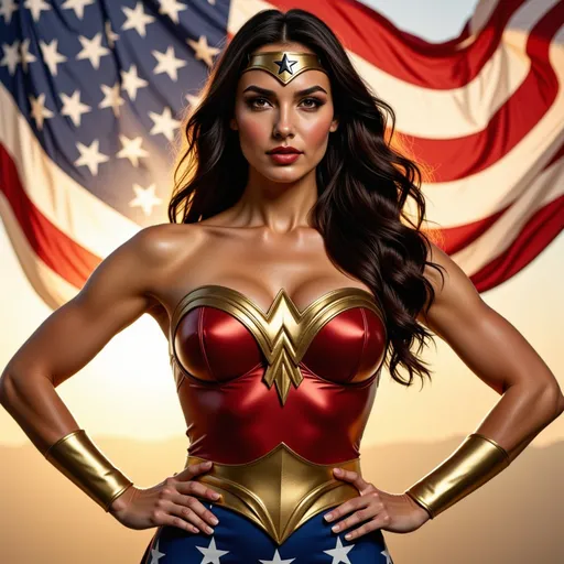 Prompt: she has long straight hair, she is wearing a early 1970's wonder woman costume, an gold eagle on the front a large American flag behind her the wing has opened the flag