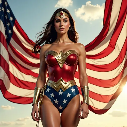 Prompt: she has long straight hair, she is wearing a 1970's wonder woman costume, a large American flag behind her the wing has opened the flag