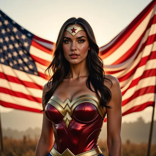 Prompt: she has long straight hair, she is wearing a 1960's wonder woman costume, an gold eagle on the front a large American flag behind her the wing has opened the flag