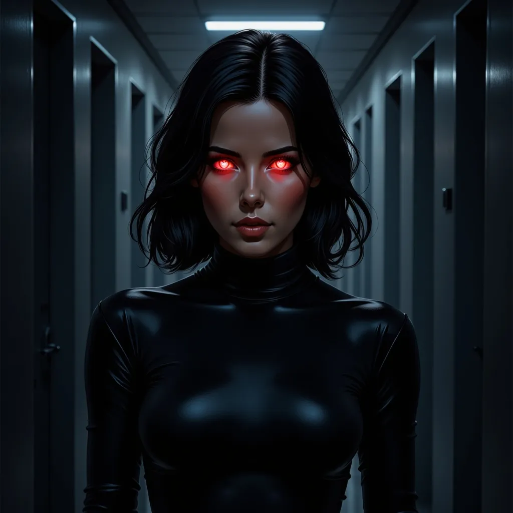 Prompt: @bIY1tgXdfjfBrotdeeHm  stands partially in shadow now, Her eyes glow very bright red, she is in a very dim medium sized room, no windows, no doors strong shadows on her face, her head bowed everything black behind her