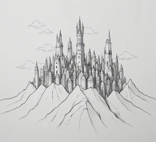 Prompt: Extremely simple black and white drawing of a fantasy city, with huge towers, placed on top of Montains