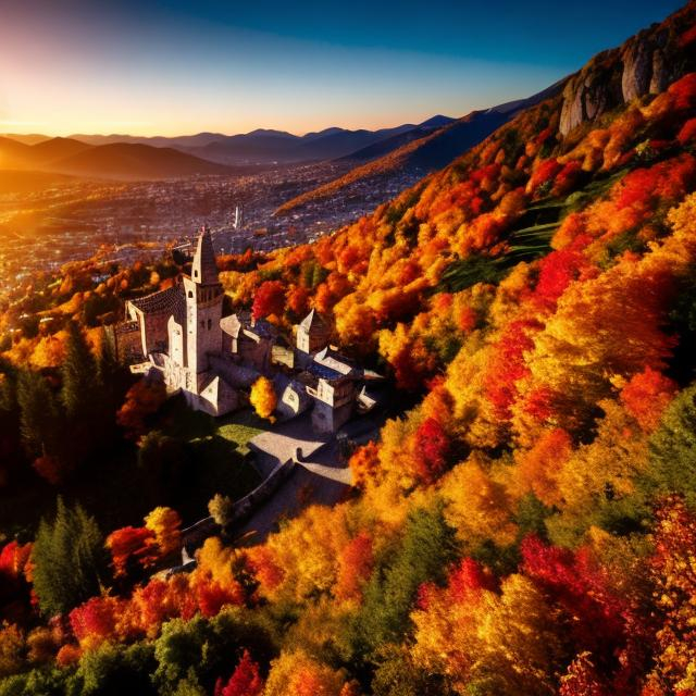 Prompt: Medieval city on a mountain, autumn, highly detailed, professional, render, Sharp focus, HD, UHD, HDR, hyperrealistic