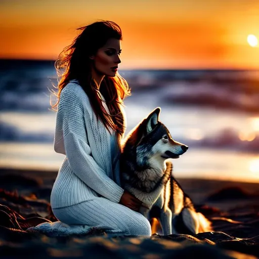 Prompt: Woman with wolf on the beach, autumn, highly detailed, professional, render, Sharp focus, HD, UHD, HDR, hyperrealistic