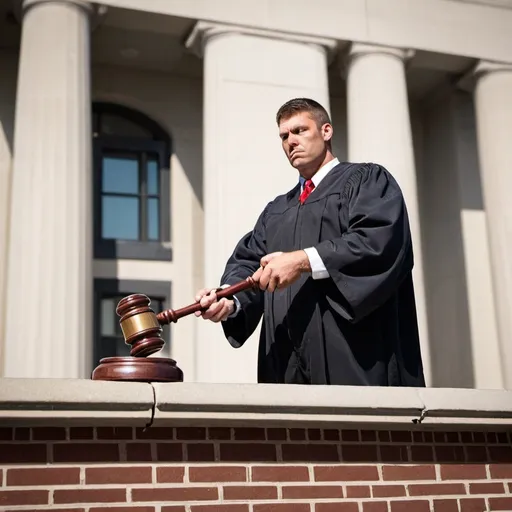 Prompt: Bad judge lying in wait standing on a building with gavel. wait to put you in jail