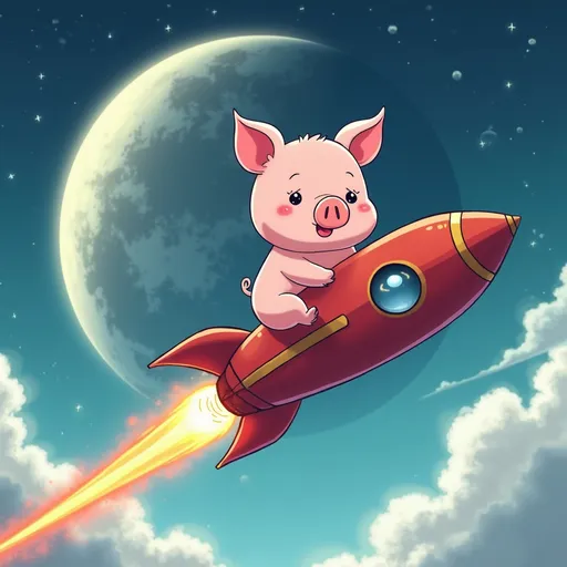 Prompt: I need to make a picture of a piggy flying to the moon on a rocket, on the top right of the picture to make the inscription Piggy V2, in the style of anime.