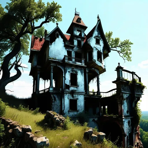 Prompt: A creepy dilapidated Manor overlooking a cliff surrounded by forest