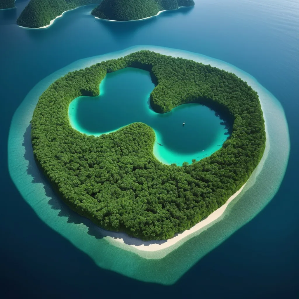 Prompt: in the middle of the ocean a giant artificially connected green  islands, huge forests, gross lakes near hills, buildings hidden and invisible in nature, pristine beaches