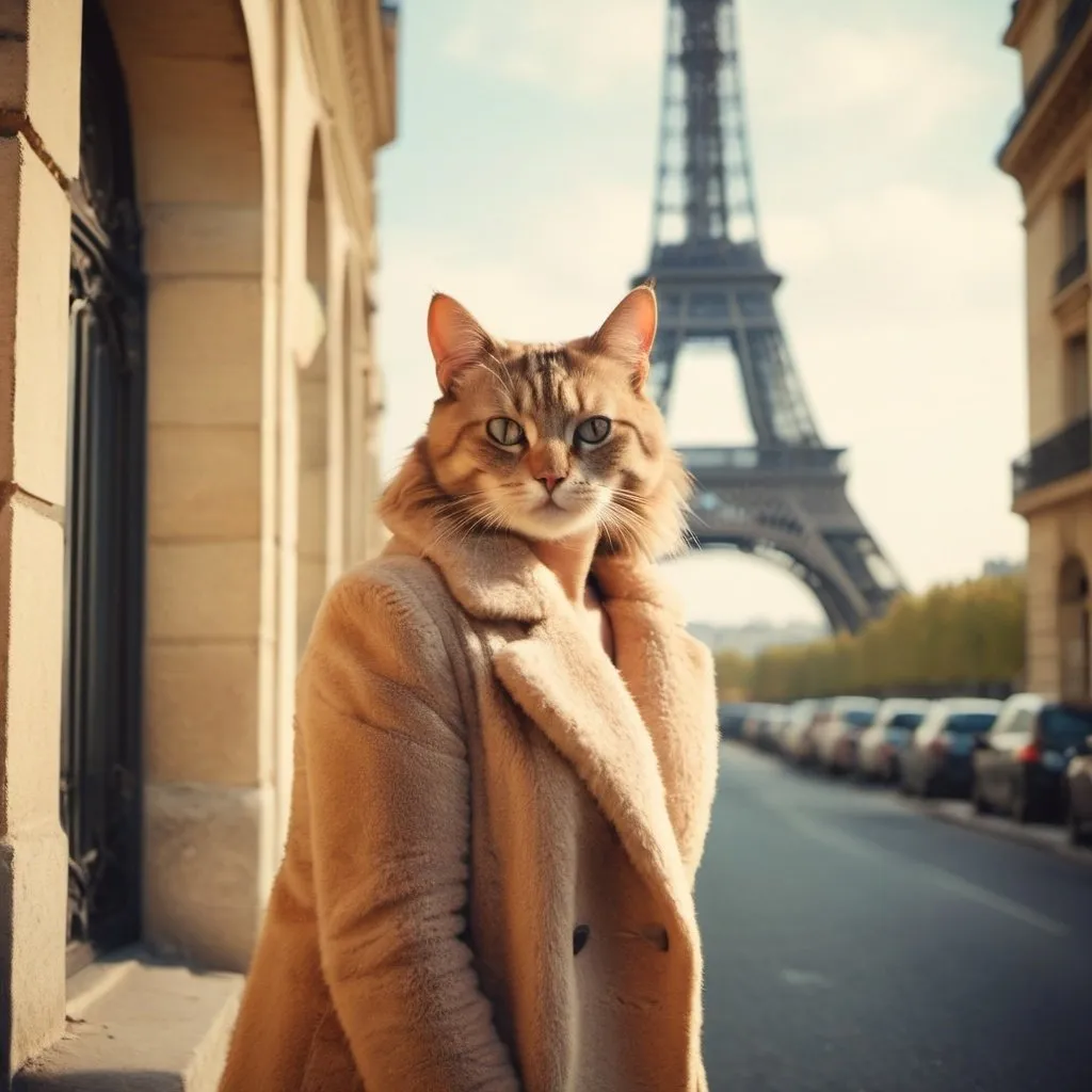 Prompt: Glamour photography, cat, eyfel tower, in Paris street, in the style of Guy Aroch