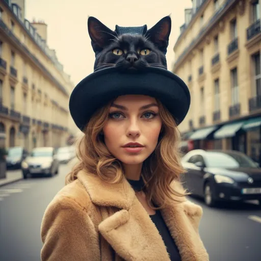Prompt: Glamour photography, a cat hat, women, eyfel tower, in Paris street, in the style of Guy Aroch