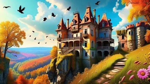 Prompt: A creepy dilapidated Manor overlooking a cliff surrounded by forest, happy children, brightness and funny atmosfer, flies colorfull birds, flowers everywhere on castle, photografic