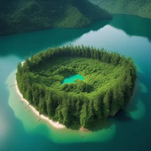 Prompt: giant green island, huge forests, gross lakes near hills, buildings hidden and invisible in nature, pristine beaches