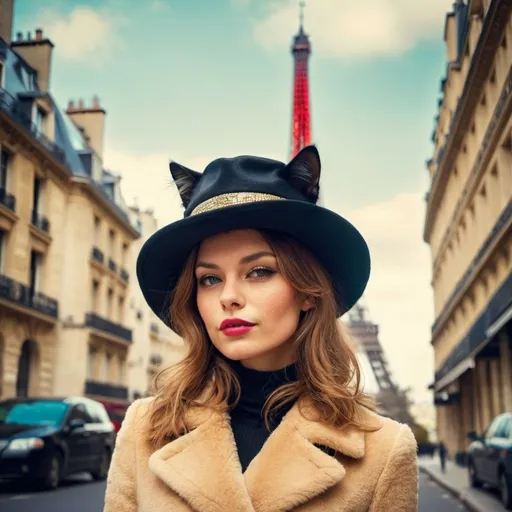 Prompt: Glamour photography, a cat hat, women, eyfel tower, in Paris street, in the style of Guy Aroch