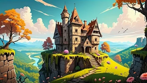 Prompt: A creepy dilapidated Manor overlooking a cliff surrounded by forest, happy children, brightness and funny atmosfer, towers, flowers everywhere on castle