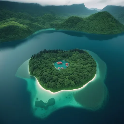 Prompt: in the middle of the ocean a giant green island, huge forests, gross lakes near hills, buildings hidden and invisible in nature, pristine beaches