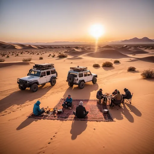 Prompt: Desert 
4x4 vehicle
Cramping 
Small Fire
Sunrise 
Table 
Chairs 
POW From drone , low 
POW against sun
Sands
Tents
Breakfast 
People
Warm image 