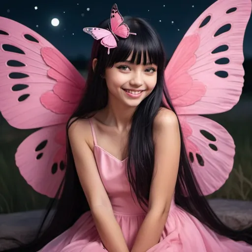 Prompt: beautiful young girl with long straight black hair with bangs wearing pink dress with pink butterfly wings, surrealism style, smiling, night time
