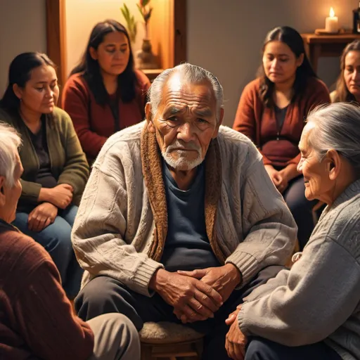 Prompt: Old Maori man, seated in a support group circle for dementia, warm and cozy lighting, detailed illustration 