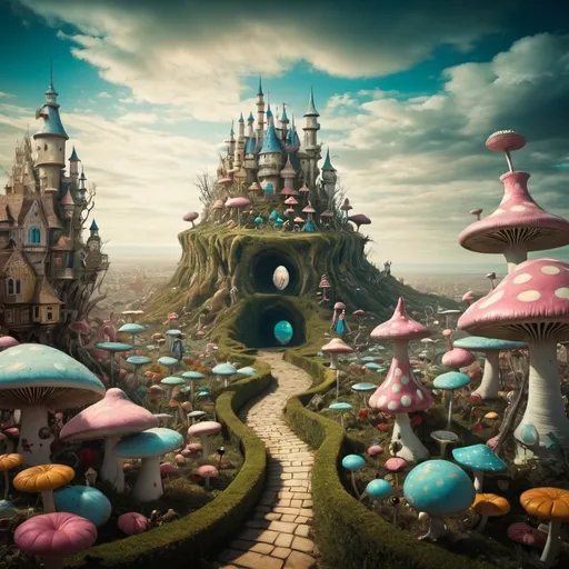 Prompt: Surreal dreamscape Alice in wonderland  city in distance