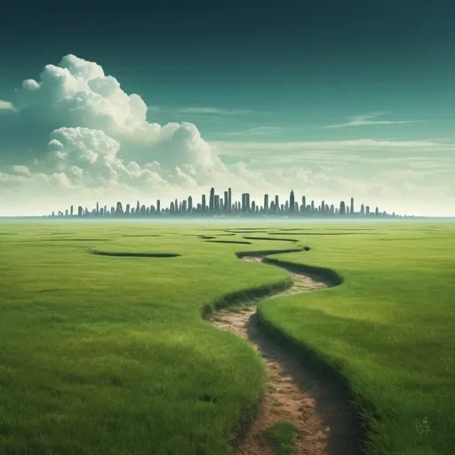 Prompt: Surreal dreamscape grassland flatland small city in distance