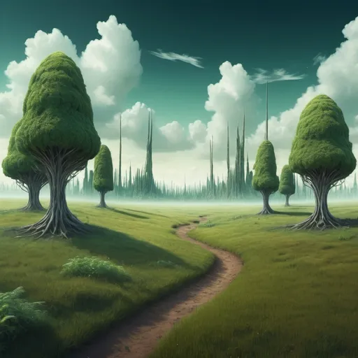 Prompt: Surreal dreamscape forest to the side grassland flatland small city in distance