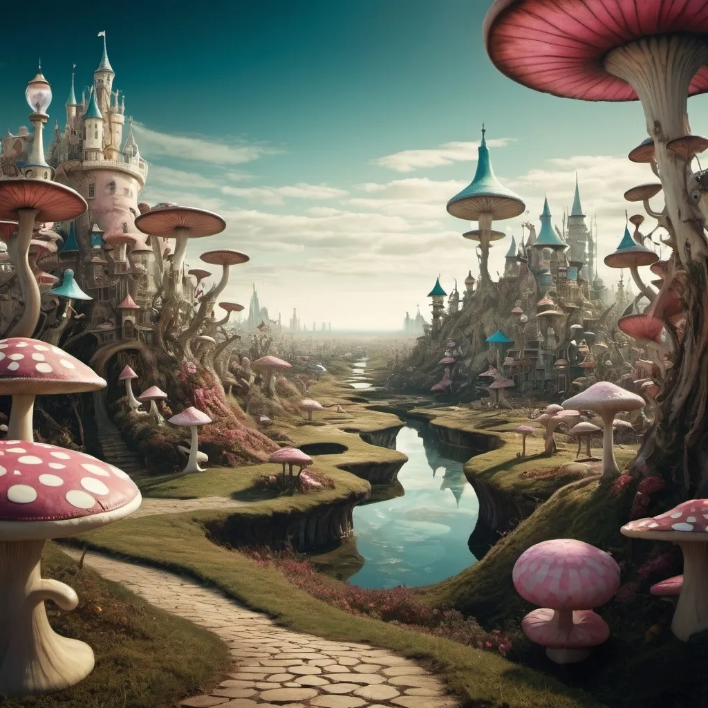 Prompt: Surreal dreamscape Alice in wonderland  city in distance