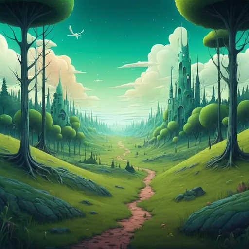 Prompt: Surreal dreamscape forest to the side grassland flatland small city in distance  adventure time style