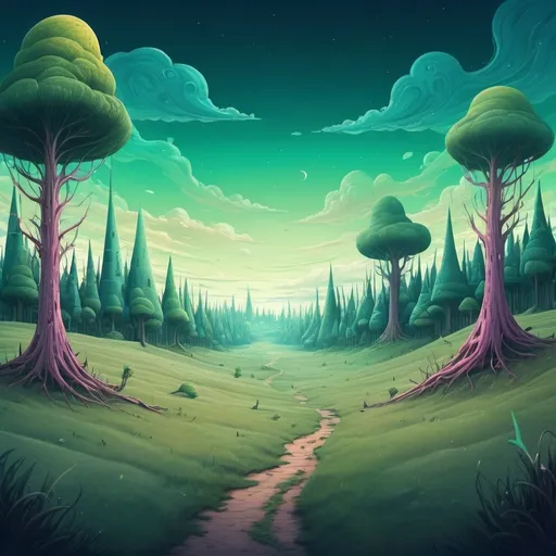 Prompt: Surreal dreamscape forest to the side grassland flatland small city in distance  adventure time style